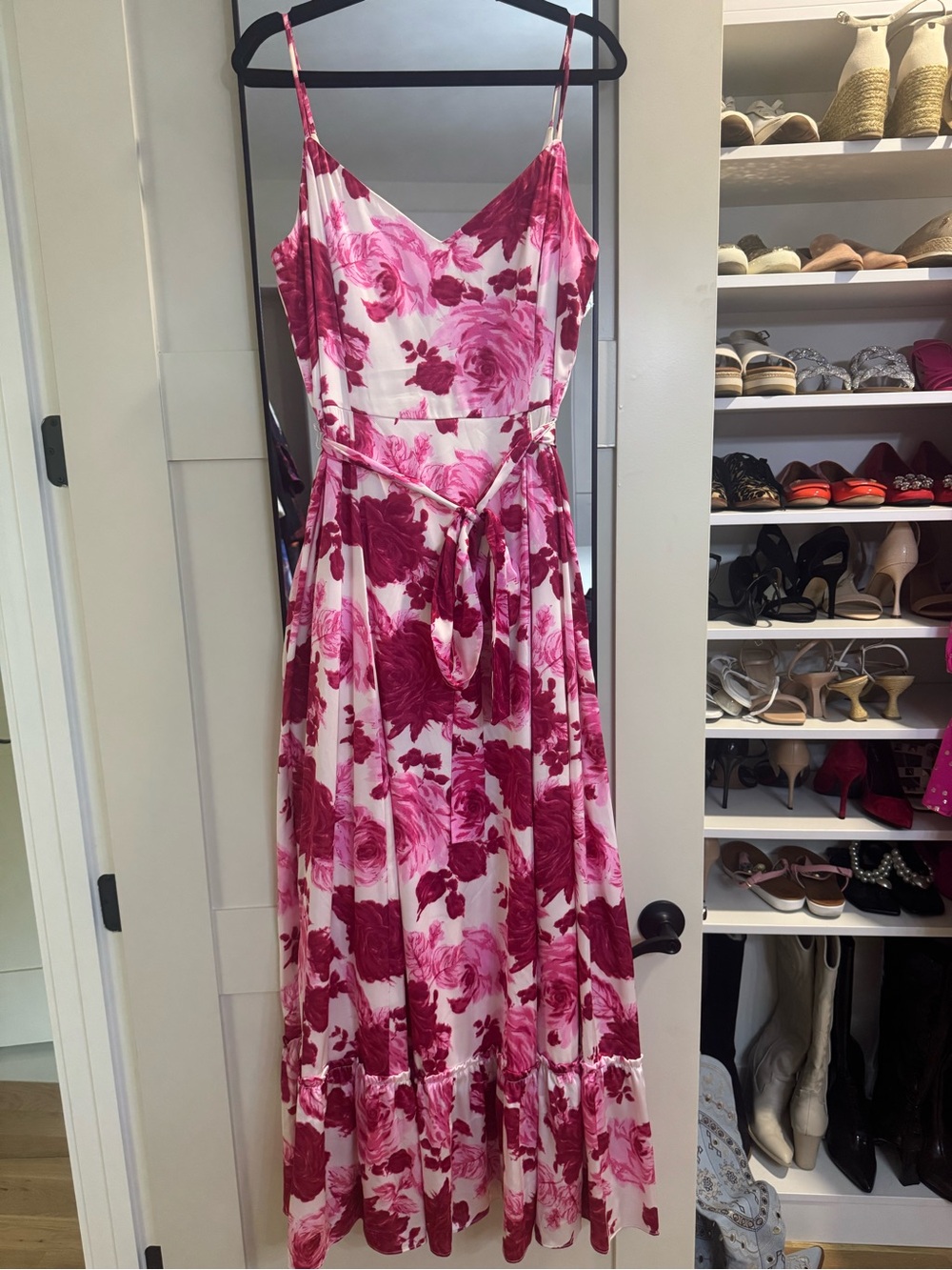 Floral Pink & Magenta V-Neck Maxi Dress with Tie Waist